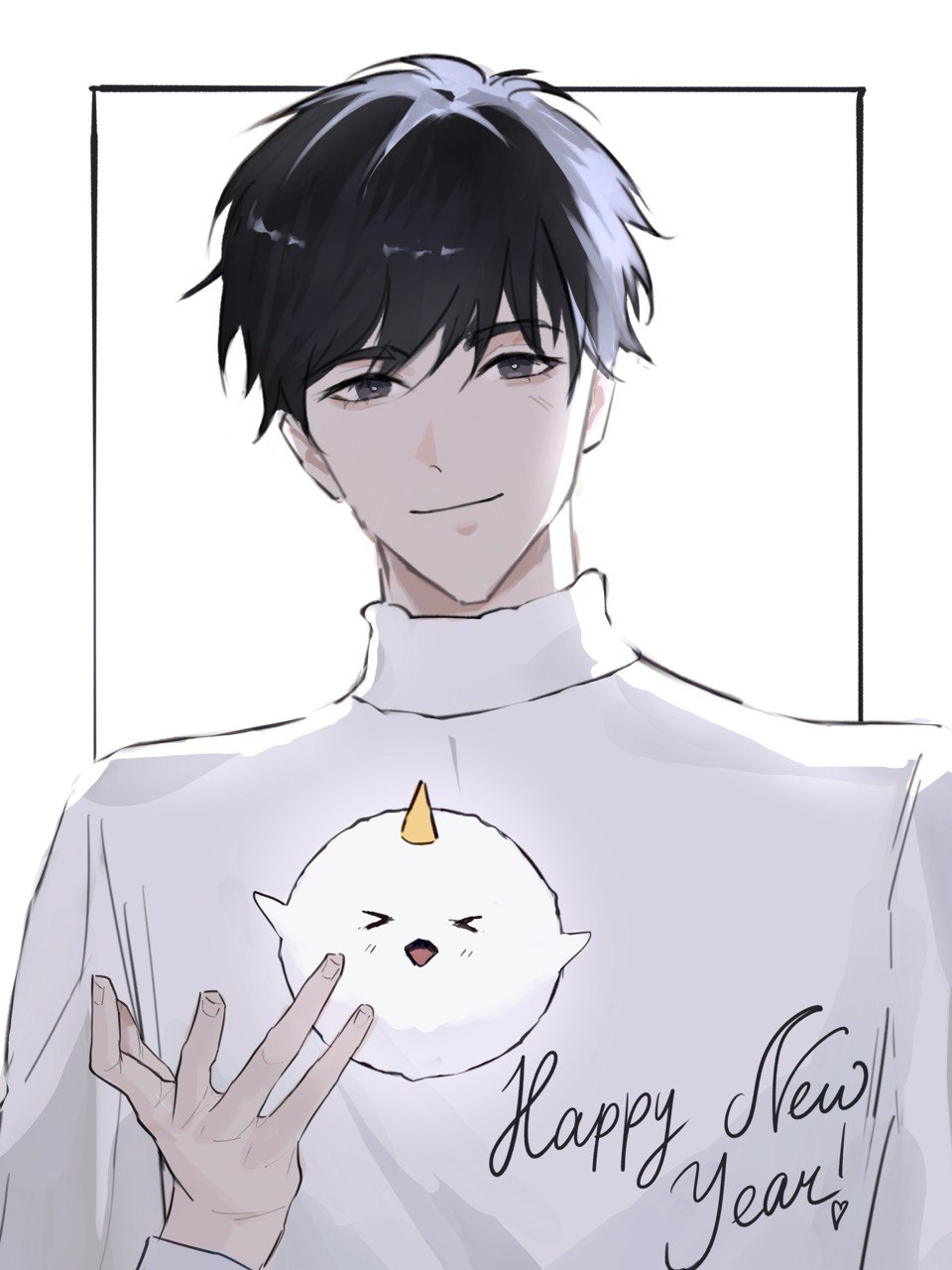 1boy, aegyo_sal, biyoo_(omniscient_reader's_viewpoint), black_eyes, black_hair, emosunfish, english_text, hand_up