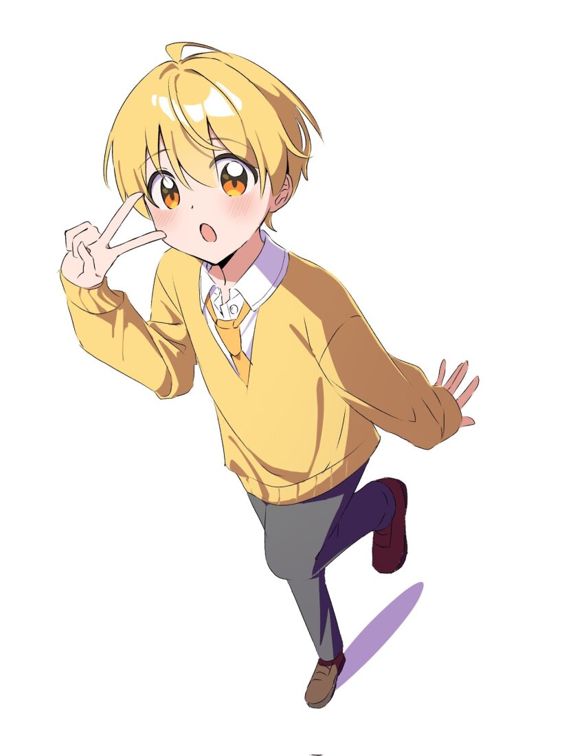 1boy, blonde_hair, blunt_bangs, brown_shoes, foreshortening, from_above, full_body, grey_pants