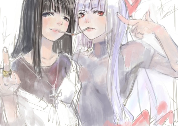 2girls, alternate_costume, blunt_bangs, cable, casual, cigarette, contemporary, cross