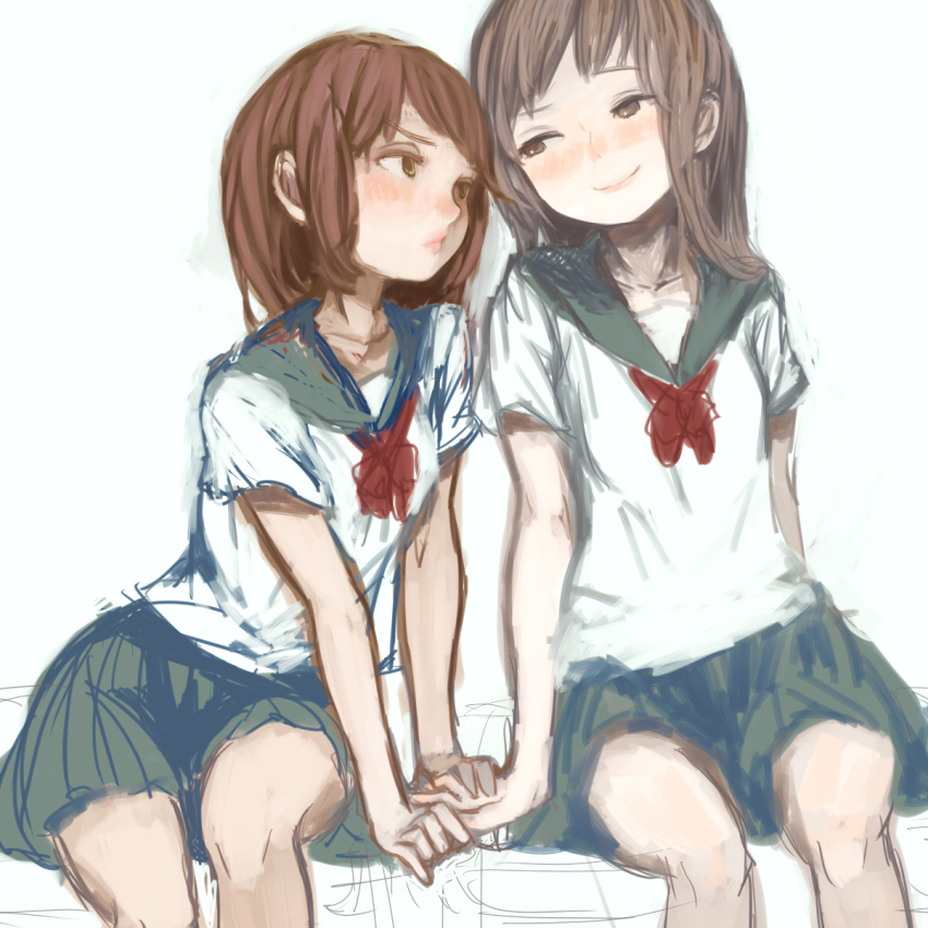 2girls, black_skirt, blush, brown_hair, han_(aiueo), highres, holding_hands, miniskirt, multiple_girls, original, pleated_skirt, pout, school_uniform, serafuku, short_sleeves, sitting, sketch, skirt, smile, yuri