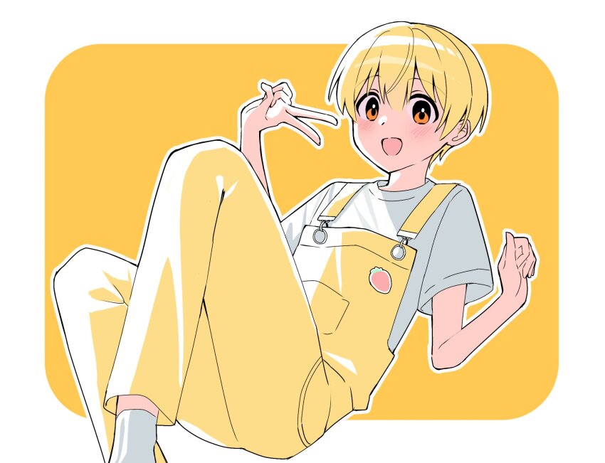 1boy, blonde_hair, blush, border, commentary, hair_between_eyes, hand_up, highres