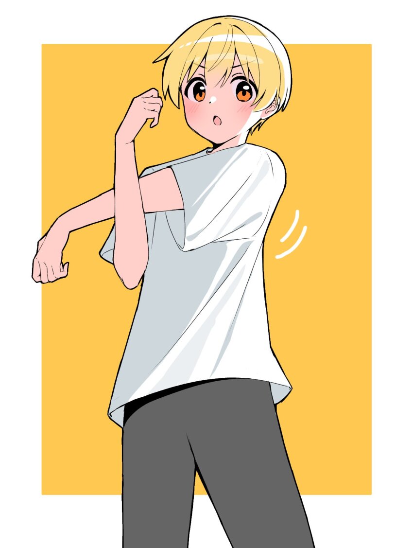 1boy, blonde_hair, blush, border, cowboy_shot, grey_pants, hair_between_eyes, highres