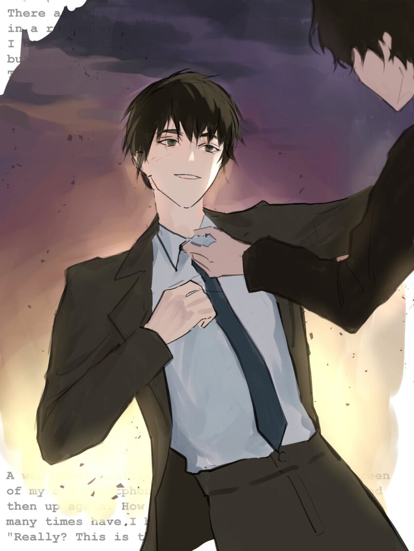 2boys, black_coat, black_eyes, black_hair, black_necktie, clothes_grab, coat, collared_shirt, commentary, cowboy_shot, emosunfish, english_text, falling, highres, kim_dokja, looking_at_another, male_focus, multiple_boys, necktie, omniscient_reader's_viewpoint, out_of_frame, outstretched_arm, reaching, reaching_towards_another, shirt, grabbing_another's_shirt, short_hair, smile, sunset, untranslatable_commentary, white_shirt, yoo_joonghyuk