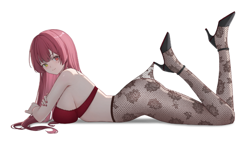 0_albusart, 1girl, ass, black_shoes, bra, breasts, closed_mouth, commentary_request, feet_up, floral_print_pantyhose, from_side, full_body, heterochromia, high-waist_pantyhose, hololive, hooked_on_heel, houshou_marine, lace, lace_pantyhose, lace_pantyhose_hooked_on_heel_(meme), large_breasts, long_hair, looking_at_viewer, lying, meme, no_panties, on_stomach, pantyhose, red_bra, red_eyes, red_hair, shoes, sideboob, simple_background, smile, solo, strappy_heels, the_pose, underwear, virtual_youtuber, white_background, yellow_eyes