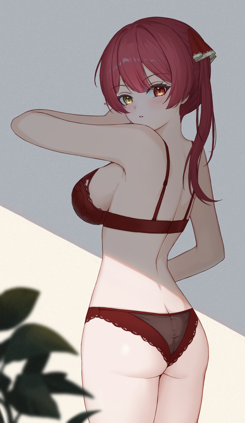 0_albusart, 1girl, absurdres, ass, bra, breasts, butt_crack, commentary, from_behind, hair_ribbon, heterochromia, highres, hololive, houshou_marine, lace, lace-trimmed_bra, lace-trimmed_panties, lace_trim, large_breasts, leaf, lingerie, long_hair, looking_at_viewer, looking_back, median_furrow, panties, parted_lips, red_bra, red_eyes, red_hair, red_panties, red_ribbon, ribbon, sideboob, solo, standing, twintails, underwear, underwear_only, virtual_youtuber, yellow_eyes