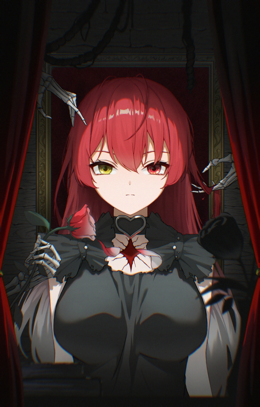 0_albusart, 1girl, absurdres, black_choker, black_dress, black_flower, black_rose, book, book_stack, breasts, choker, closed_mouth, commentary_request, curtains, dress, expressionless, flower, heterochromia, highres, hololive, houshou_marine, large_breasts, long_hair, looking_at_viewer, material_growth, o-ring, o-ring_choker, red_eyes, red_hair, rose, skeleton, skeleton_hands, sleeveless, sleeveless_dress, solo, upper_body, virtual_youtuber, yellow_eyes