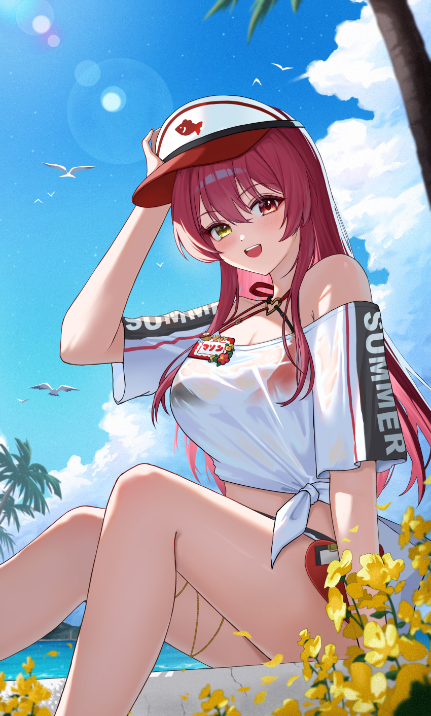 0_albusart, 1girl, :d, absurdres, bikini, black_bikini, blue_sky, breasts