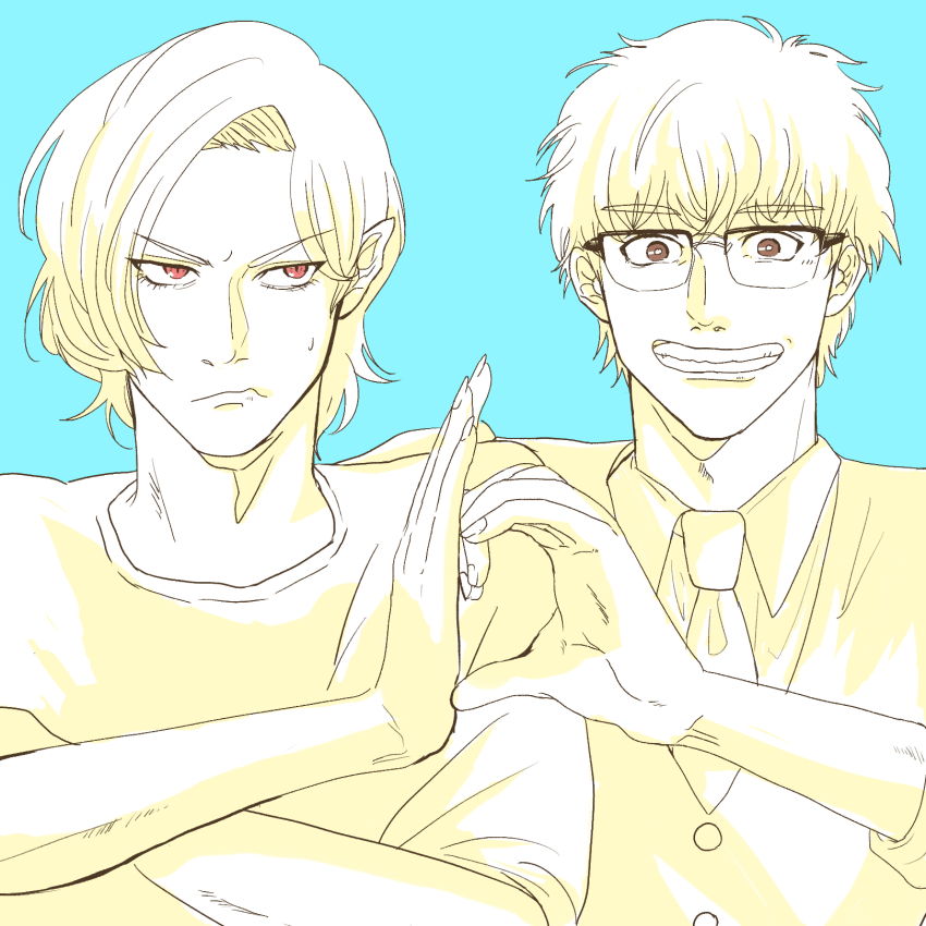 2boys, baban_baban_ban_vampire, blue_background, brown_eyes, grin, heart_hands_failure, highres, limited_palette, male_focus, mori_ranmaru_(baban_baban_ban_vampire), multiple_boys, necktie, red_eyes, sakamoto_umetarou, short_hair, smile, sweatdrop, upper_body, yamakou_(ymkunmdrm), yaoi