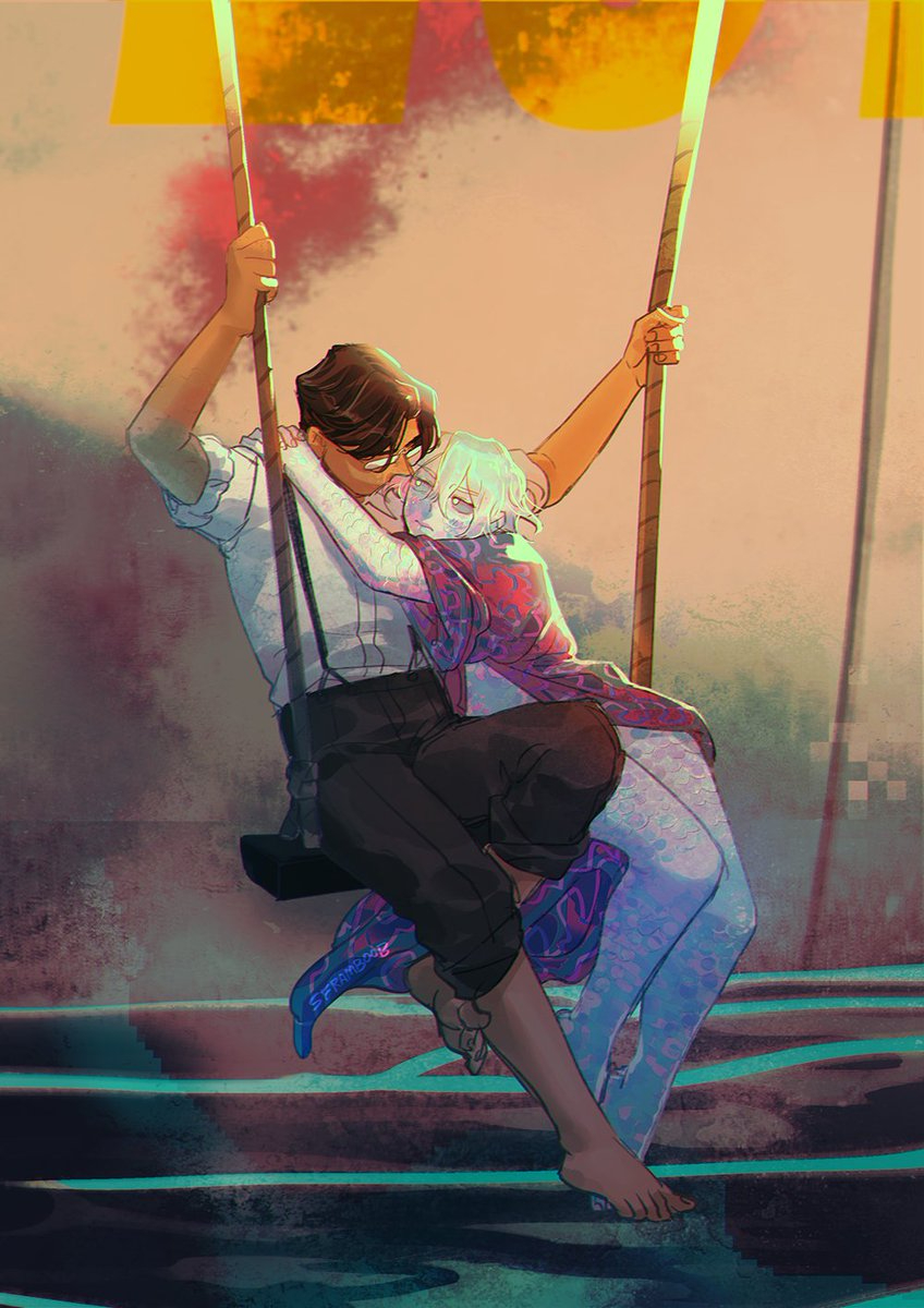 2boys, barefoot, brown_hair, dark-skinned_male, dark_skin, edward_(sframboob), fish_boy, highres, hug, iridescent, male_focus, merfolk, multiple_boys, on_swing, original, oskar_(sframboob), robe, scales, sframboob, short_hair, siren_(mythology), sitting, swing, unconventional_merfolk, yaoi