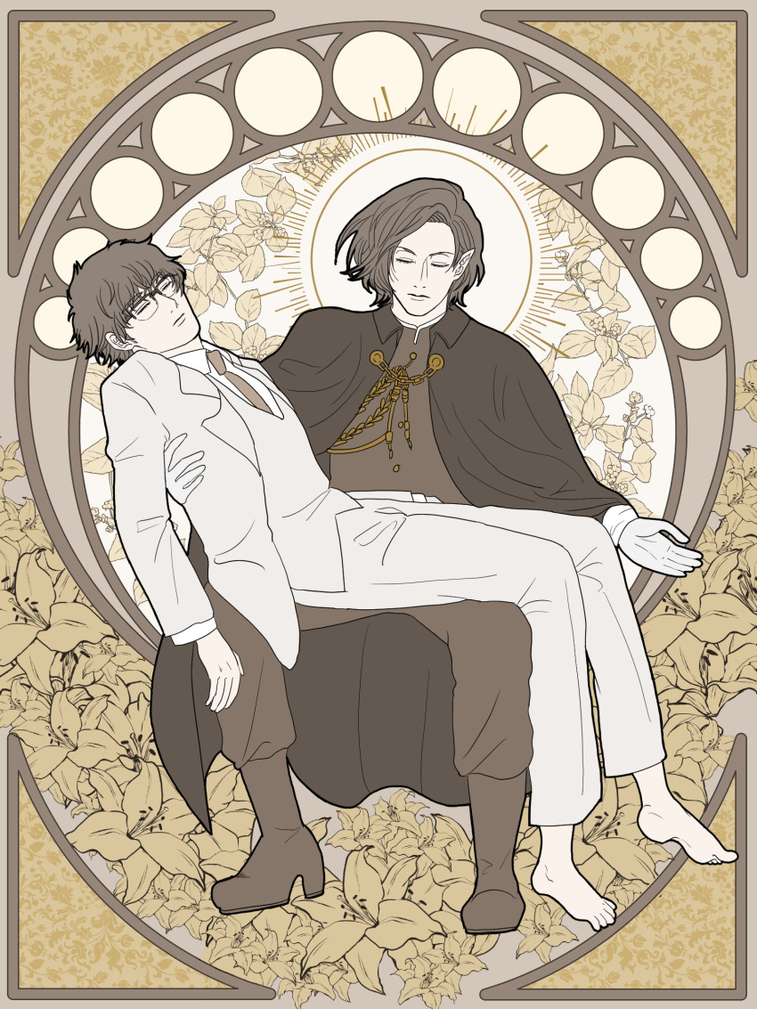 2boys, art_nouveau, baban_baban_ban_vampire, barefoot, boots, cape, closed_eyes, fine_art_parody, formal_clothes, glasses, highres, male_focus, mori_ranmaru_(baban_baban_ban_vampire), multiple_boys, parody, pieta, pointy_ears, sakamoto_umetarou, short_hair, sitting, suit, vest, white_suit, yamakou_(ymkunmdrm), yaoi