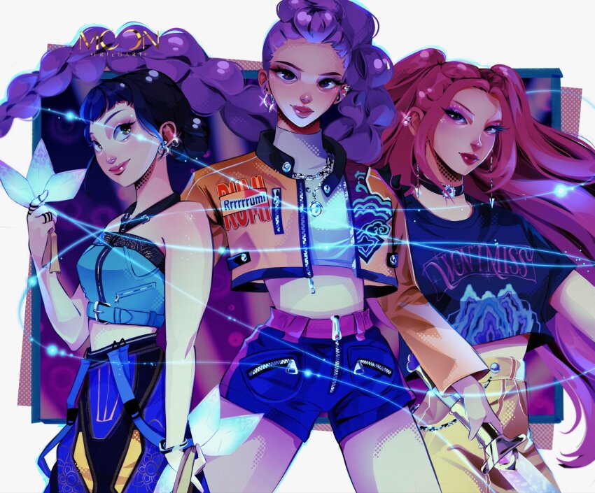 3girls, black_eyeliner, black_hair, black_shorts, braid, braided_ponytail, choker, cowboy_shot, cropped_jacket, double_bun, earrings, eyeliner, eyeshadow, glint, hair_bun, halterneck, highres, holding, holding_sword, holding_weapon, jacket, jewelry, kpop_demon_hunters, long_hair, makeup, mascara, mira_(kpop_demon_hunters), moonfriedart, multiple_girls, necklace, pants, pink_hair, purple_hair, ring, rumi_(kpop_demon_hunters), short_bangs, shorts, sidelocks, skirt, smile, sword, turtleneck, weapon, yellow_jacket, yellow_skirt, zoey_(kpop_demon_hunters)