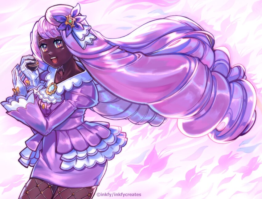 1girl, absurdres, ascot, bow, brooch, cowboy_shot, dark-skinned_female, dark_skin