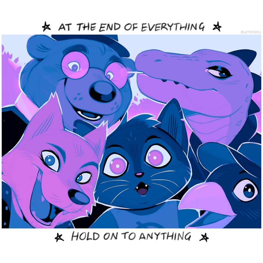 2girls, 3boys, absurdres, angus_delaney, animal_ears, artist_name, bea_santello, beak