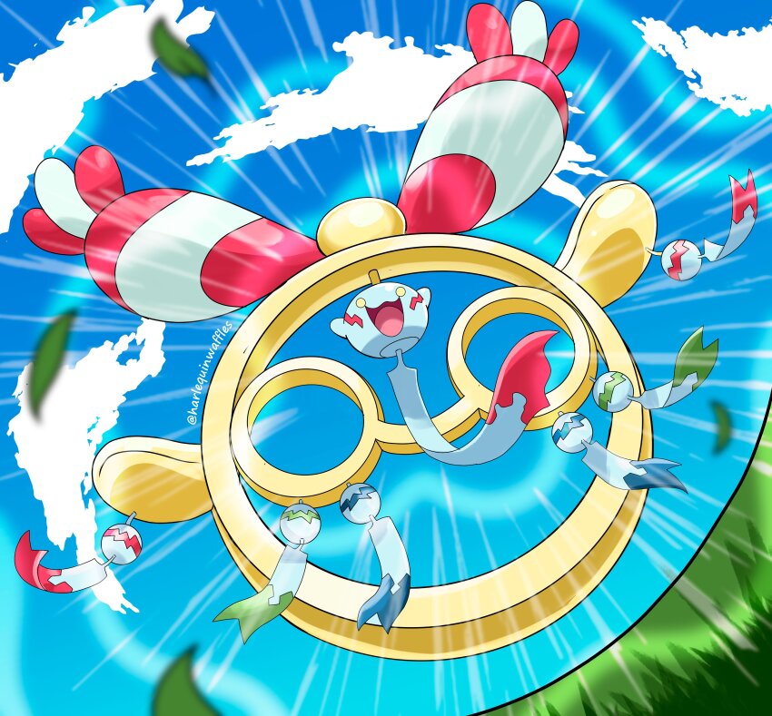 absurdres, blue_sky, chimecho, cloud, colored_sclera, full_body, gen_3_pokemon, happy