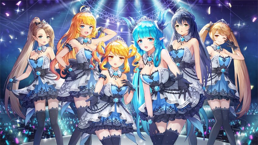 6+girls, ahoge, aisha_(king's_raid), artemia_(king's_raid), artist_request, audience, back_bow, beads