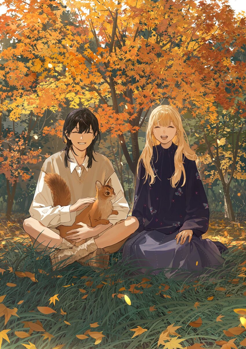 2girls, autumn_leaves, black_hair, blonde_hair, boots, brown_sweater_vest, closed_eyes, forest