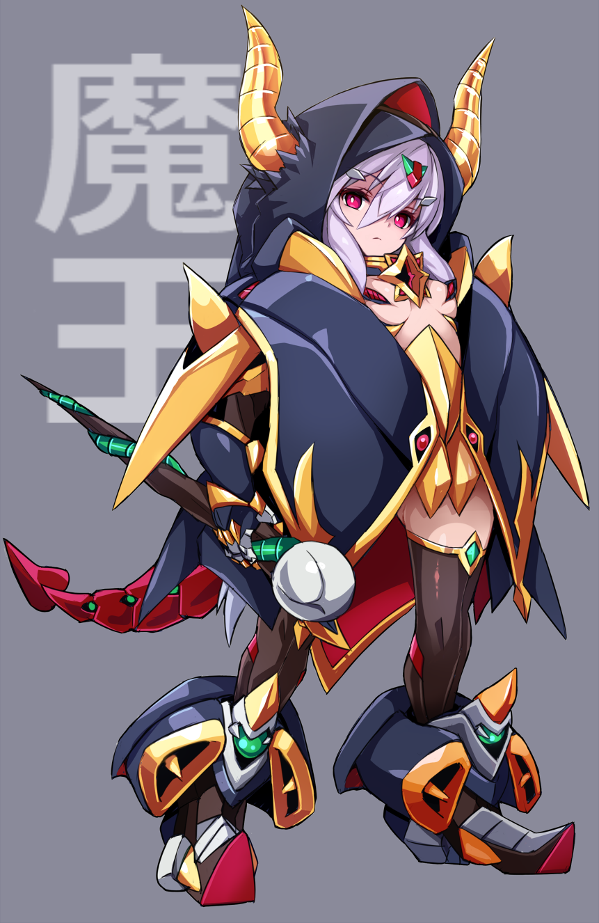 1girl, armor, bikini_armor, breasts, cloak, demon_girl, demon_horns, demon_tail
