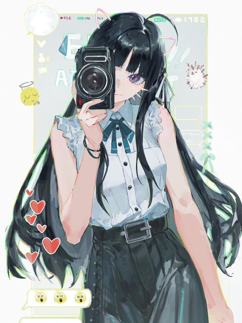 1girl, absurdres, ahoge, animalization, awa_subaru, black_hair, border, camera