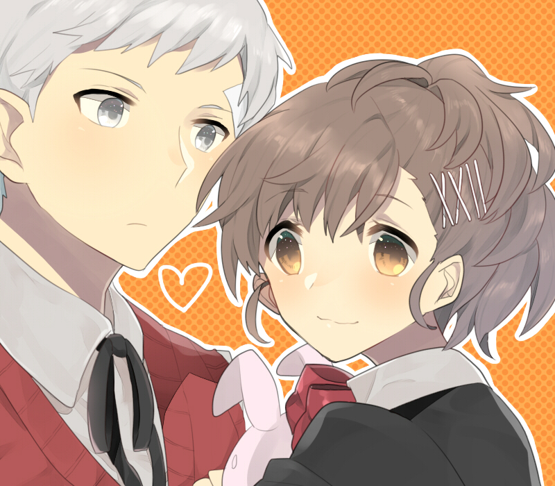 1boy, 1girl, atlus, bad_id, bad_pixiv_id, bandaid, bow, brown_eyes