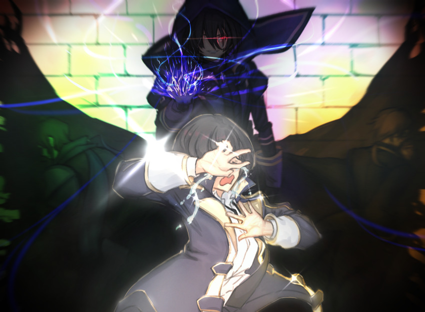4boys, arm_at_side, black_hair, bloom, brick_wall, casting_spell, cid_kagenou, cid_kagenou_(john_smith)