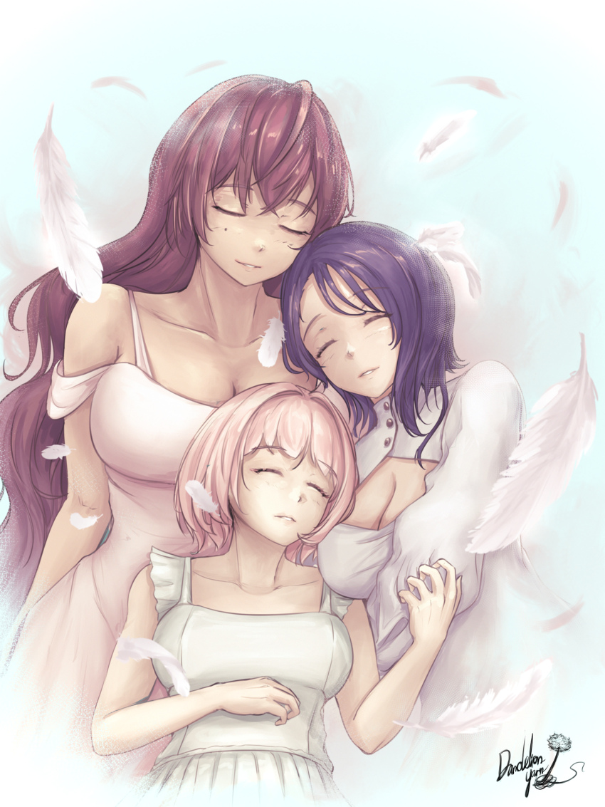 3girls, absurdres, alternate_costume, artist_name, black_hair, breasts, brown_hair, cleavage