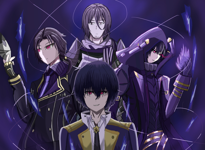 4boys, arm_belt, armor, aura, belt, black_gloves, black_hair, black_jacket