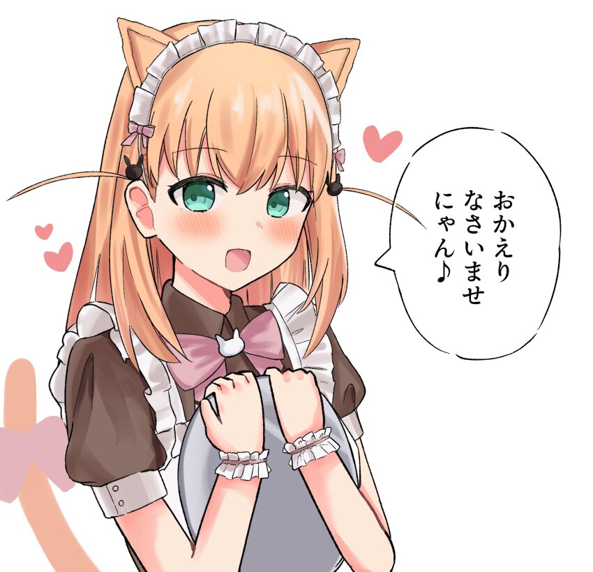 1girl, animal_ears, apron, bow, bowtie, brown_dress, cat_ears, cat_girl, cat_tail, commentary, dress, frilled_apron, frills, hair_ornament, heart, highres, hinoshita_kaho, hisho_(rythm_hisho), holding, holding_tray, link!_like!_love_live!, long_hair, looking_at_viewer, love_live!, maid, maid_apron, maid_headdress, musical_note, nyan_nyan_nyan_fair_in_gamers, official_alternate_costume, orange_hair, pink_bow, pink_bowtie, puffy_short_sleeves, puffy_sleeves, rabbit_hair_ornament, short_sleeves, simple_background, solo, speech_bubble, spoken_musical_note, tail, translated, tray, two_side_up, upper_body, virtual_youtuber, welcoming, white_apron, white_background