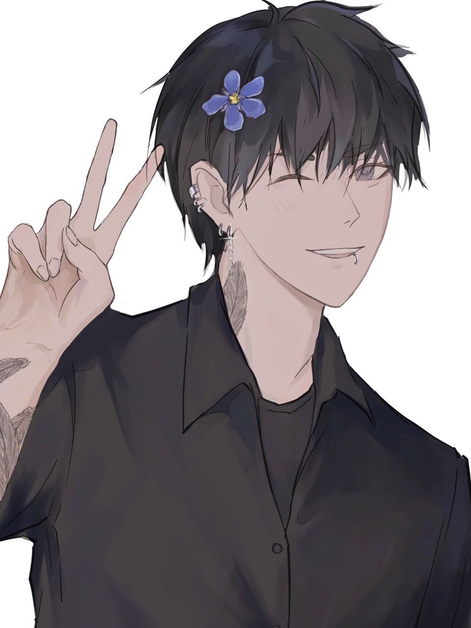 1boy, ;d, black_eyes, black_hair, black_shirt, collared_shirt, commentary, earrings