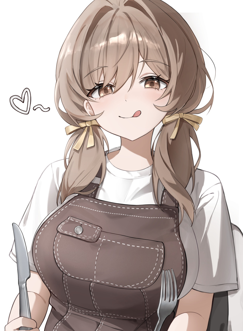 1girl, 808_0, absurdres, bready_(nikke), breasts, brown_eyes, brown_hair, fork