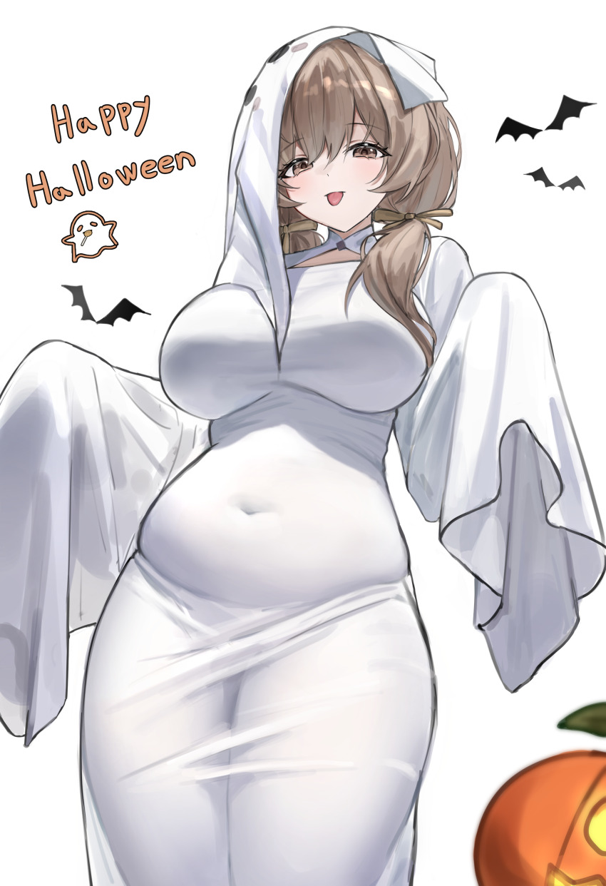 1girl, 808_0, absurdres, bat_(animal), belly, bready_(nikke), breasts, brown_eyes, brown_hair, ghost_costume, goddess_of_victory:_nikke, halloween, halloween_costume, happy_halloween, highres, large_breasts, plump, sheet_ghost, simple_background, white_background