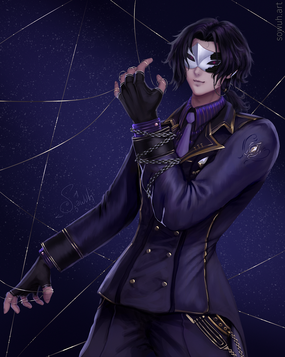 1boy, arm_at_side, black_hair, black_mask, bow, bowtie, buttons, chain
