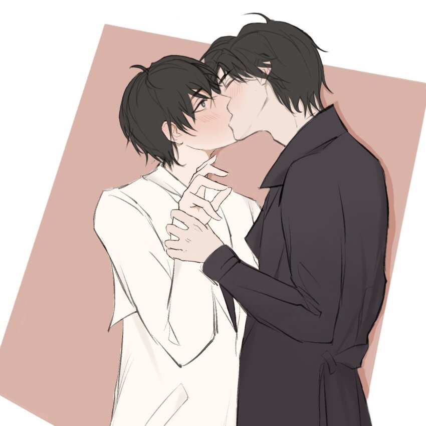 2boys, black_coat, black_eyes, black_hair, closed_eyes, coat, emosunfish, flustered