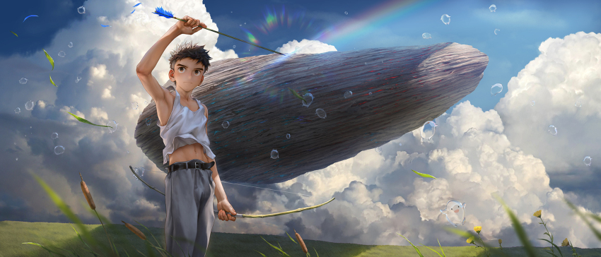 1boy, abs, arrow_(projectile), beitemian, belt, black_hair, blue_sky, bow_(weapon), bubble, cattail, cloud, creature, day, flower, highres, holding, holding_arrow, kimitachi_wa_dou_ikiru_ka, landscape, leaf, loose_pants, maki_mahito, male_focus, midriff, navel, plant, rainbow, rock, short_hair, sky, tank_top, undercut, warawara_(miyazaki), weapon, white_tank_top, yellow_flower