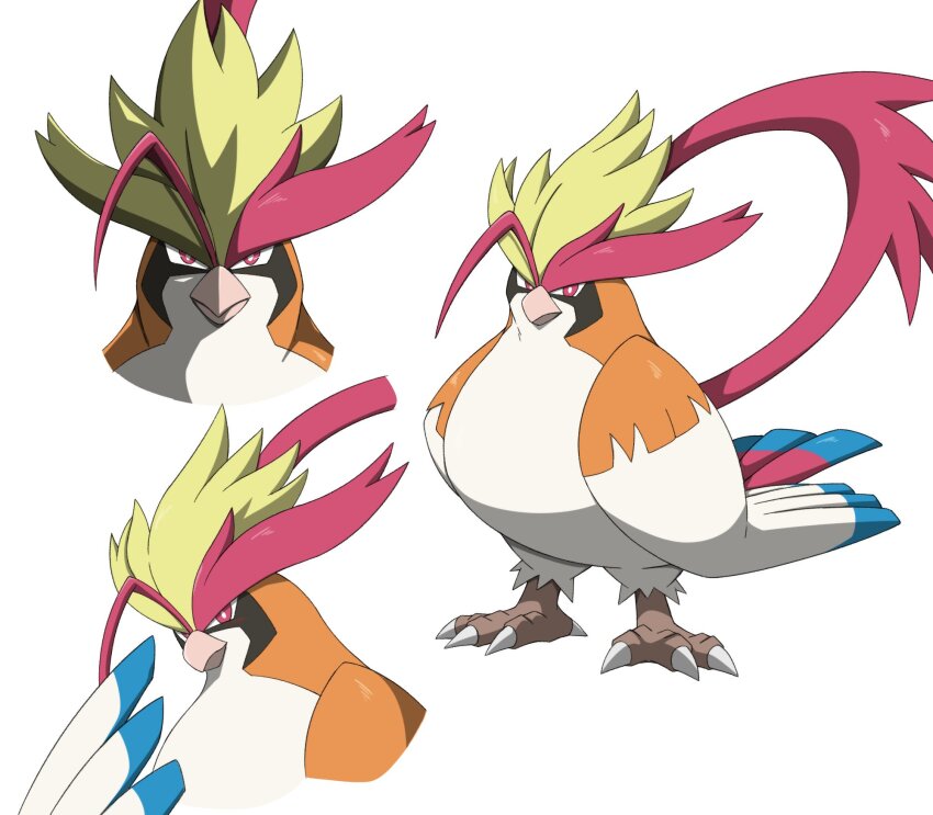 animal_focus, beak, bird, closed_mouth, gen_1_pokemon, highres, inahon485, looking_at_viewer, mega_pidgeot, mega_pokemon, nintendo, no_humans, pidgeot, plume, pokemon, pokemon_(creature), pokemon_focus, red_eyes, simple_background, talons, white_background, wings