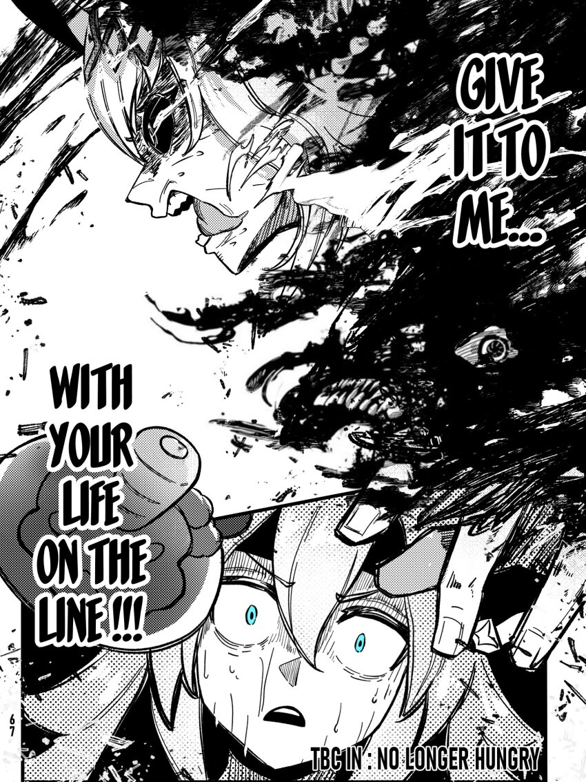 2girls, aura, blue_eyes, blue_lock, carrot, carrot_hamburger_steak, dark_aura, english_text, eye_trail, food, greyscale, hair_between_eyes, hair_ornament, hairband, hamburger_steak, headband, highres, horse_girl, light_trail, long_hair, monochrome, multiple_girls, nervous_sweating, oguri_cap_(umamusume), open_mouth, sakanaflyer, scene_reference, spot_color, sweat, tamamo_cross_(umamusume), teeth, tongue, tongue_out, umamusume, umamusume:_cinderella_gray