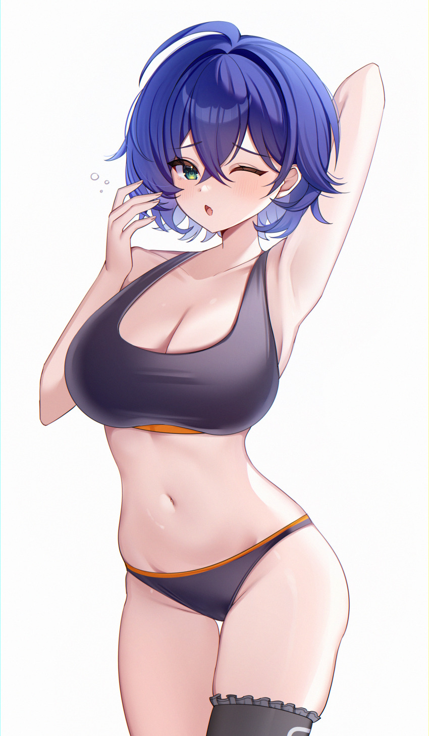 1girl, ;o, absurdres, ahoge, arm_behind_head, arm_up, belle_(zenless_zone_zero), black_panties