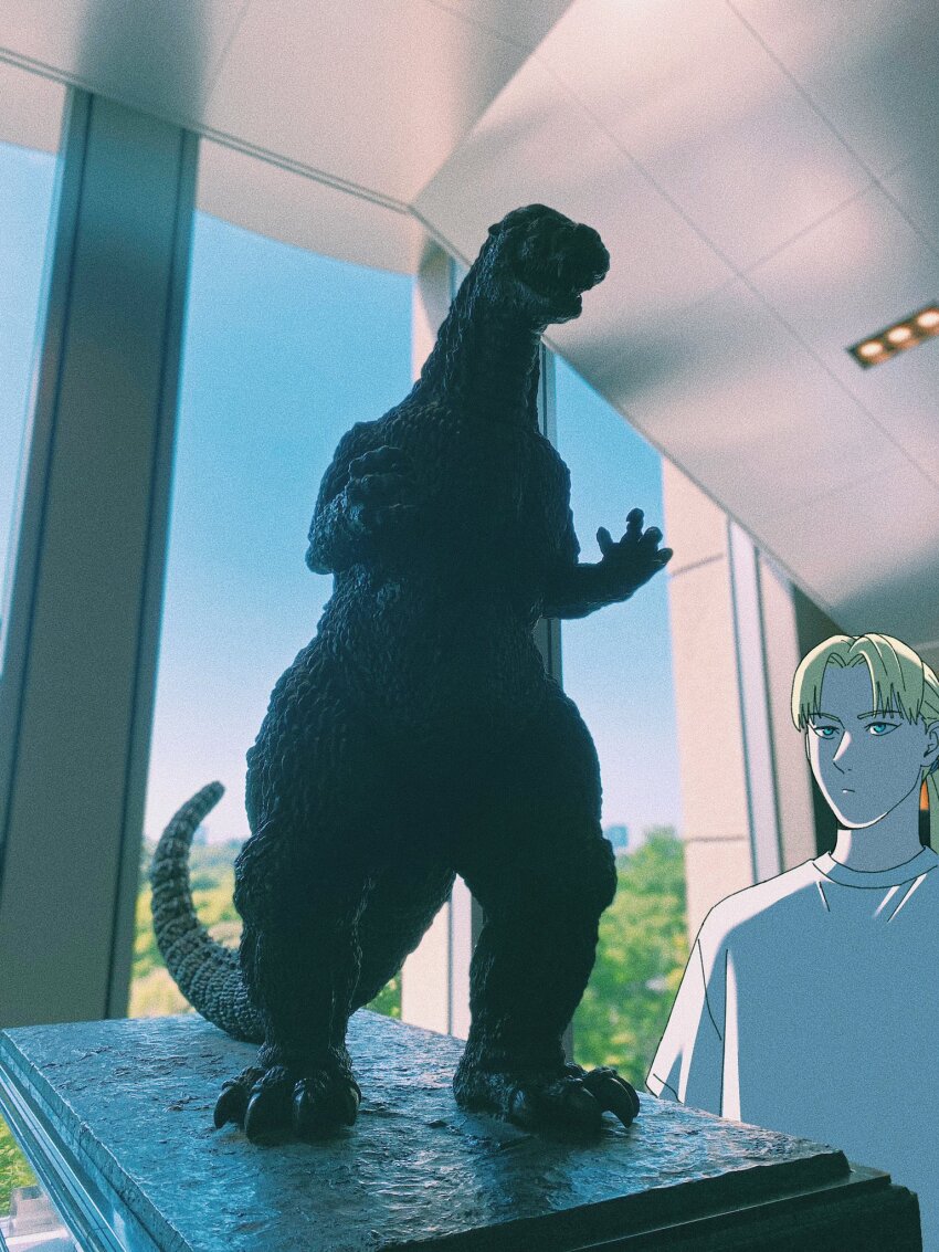 1boy, blonde_hair, blue_eyes, closed_mouth, godzilla, godzilla_(series), handa_shuuhei, highres, jean_jacquemonde, kaiju, long_hair, male_focus, outdoors, photo_background, ponytail, solo, spriggan_(manga), toho