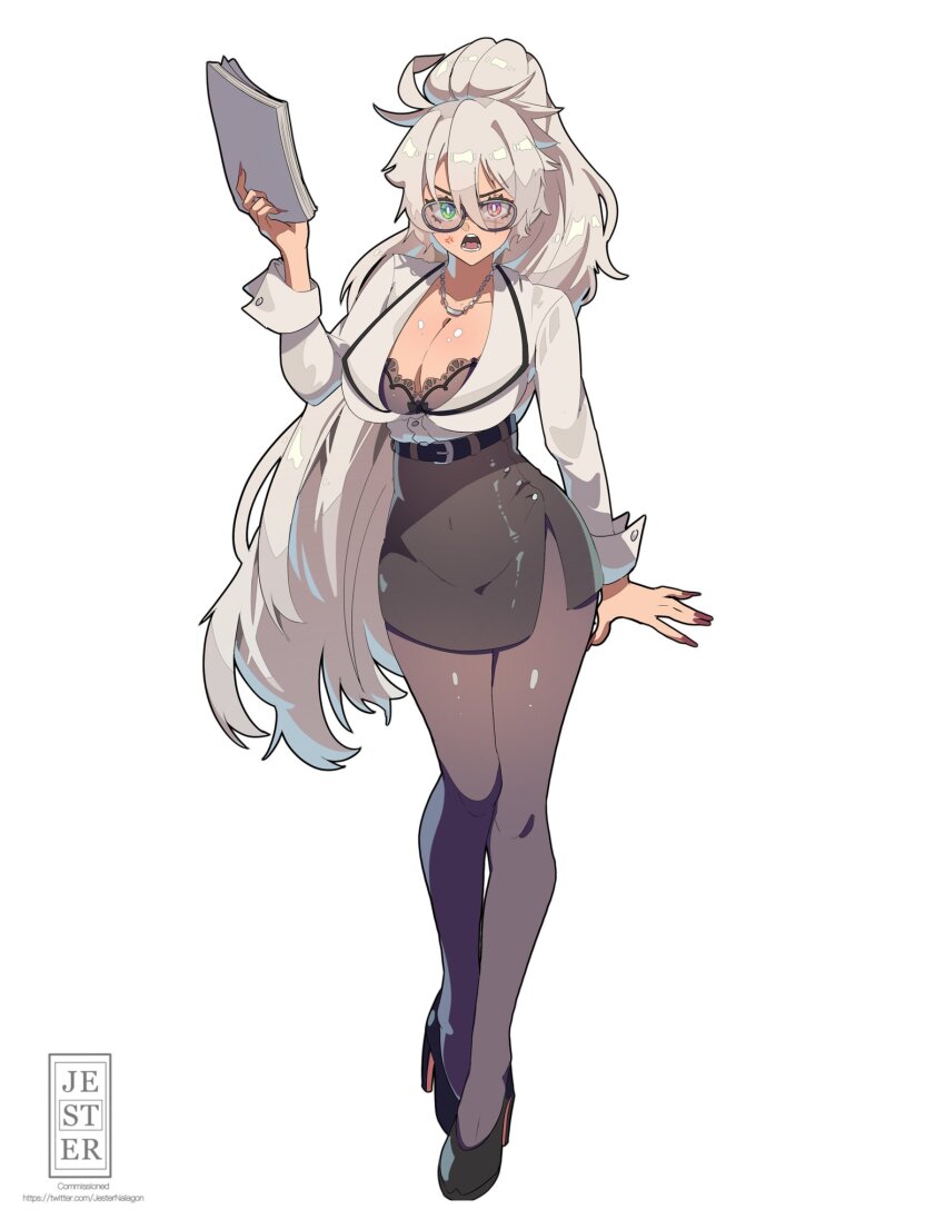 1girl, angry, belt, black-framed_eyewear, black_bra, black_pantyhose, black_shoes, book