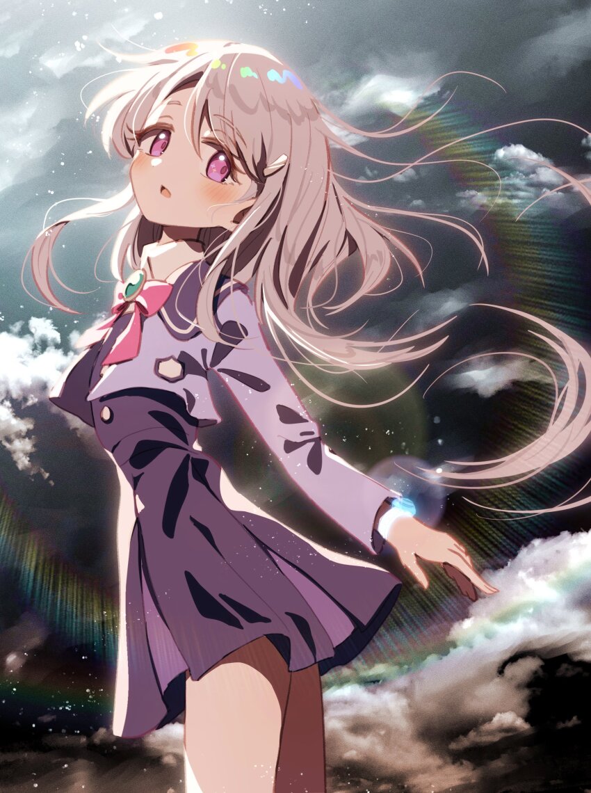 1girl, absurdres, black_sky, blue_dress, blue_jacket, blush, bow, cloud