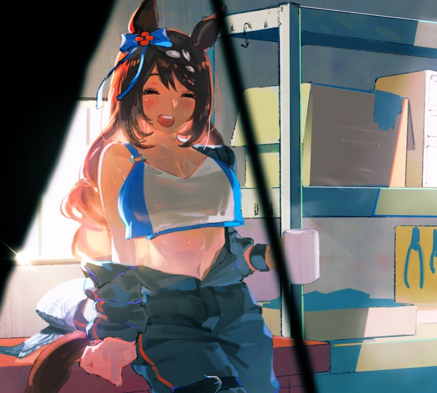 1girl, :d, ^_^, animal_ears, blue_bow, blue_jumpsuit, bow, box, braid, breasts, brown_hair, cardboard_box, cleavage, closed_eyes, commentary_request, crop_top, cup, earrings, facing_viewer, highres, holding, holding_cup, horse_ears, horse_girl, horse_tail, jewelry, jumpsuit, large_breasts, leaning_on_table, long_hair, long_sleeves, multicolored_hair, natsunori, navel, open_jumpsuit, open_mouth, pliers, shelf, smile, solo, super_creek_(umamusume), tail, teeth, two-tone_hair, umamusume, upper_teeth_only, white_hair, window