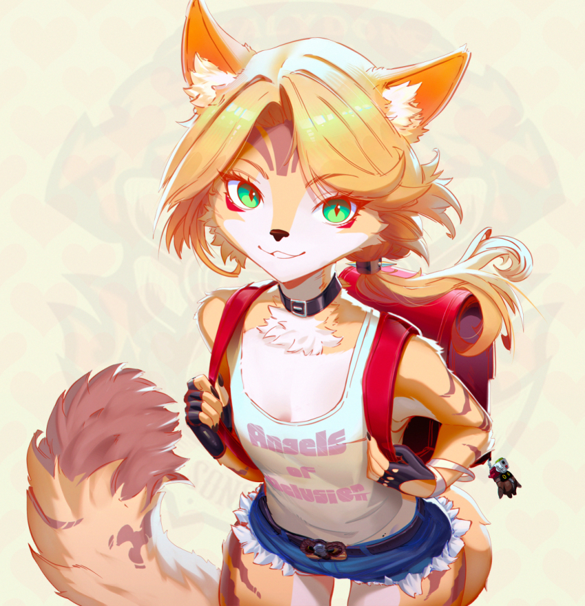 1girl, aged_down, alipse, animal_ears, animal_nose, backpack, bag, black_choker, black_gloves, black_nails, blonde_hair, breasts, cat_ears, cat_girl, cat_tail, choker, cleavage, denim, denim_shorts, dukeoftorpedoes, fingerless_gloves, fingernails, furry, furry_female, gloves, green_eyes, long_hair, looking_at_viewer, pulchra_fellini, randoseru, red_bag, sharp_fingernails, shirt, shorts, sleeveless, sleeveless_shirt, smile, solo, tail, yellow_fur, zenless_zone_zero