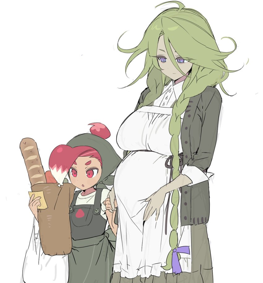 2girls, :o, age_difference, ahoge, apron, asymmetrical_bangs, bag, baguette, black_cardigan, black_overalls, braid, bread, breasts, brown_bag, cardigan, closed_mouth, collared_shirt, colored_tips, cookie_run, cookie_run:_witch's_castle, cowboy_shot, food, frilled_apron, frills, green_apron, green_hair, green_headscarf, grey_skirt, hair_bun, hair_flaps, half-closed_eyes, headscarf, highres, holding, holding_bag, holding_hands, humanization, large_breasts, long_hair, low_twin_braids, multicolored_hair, multiple_girls, ohta_guk_hip, open_cardigan, open_clothes, open_mouth, overalls, paper_bag, pregnant, purple_eyes, radish_cookie, red_eyes, red_hair, rosemary_cookie, shirt, short_hair, simple_background, single_hair_bun, skirt, standing, tsurime, twin_braids, two-tone_hair, very_long_hair, waist_apron, white_apron, white_background, white_bag, white_hair, white_shirt