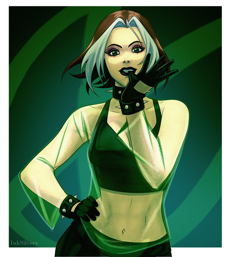 1girl, breasts, brown_hair, colored_bangs, gloves, green_eyes, inksilvery, looking_at_viewer