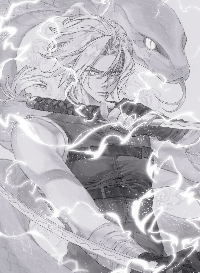 1boy, absurdres, animal, bandaged_arm, bandages, chest_belt, chinese_commentary, commentary_request