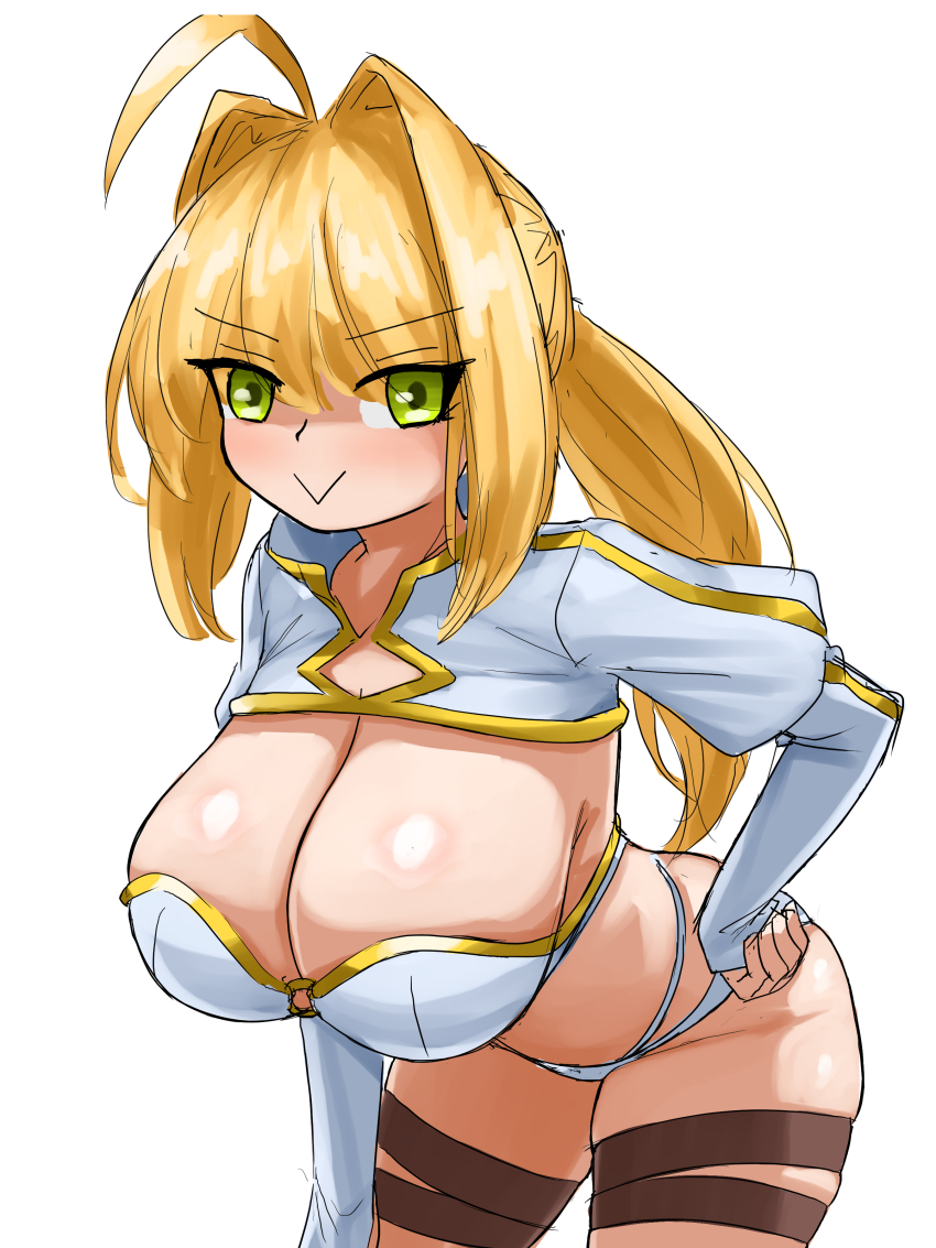 absurdres, ahoge, bikini, blonde_hair, blush, boudica_(fate), boudica_(fate)_(cosplay), breasts
