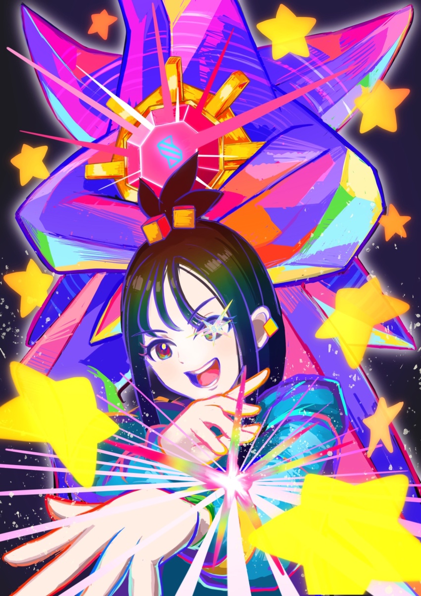 1girl, black_background, black_hair, blue_jacket, commentary_request, cube_hair_ornament, ezgk385, gem, gen_1_pokemon, glowing, hair_ornament, highres, jacket, lida_(pokemon), long_sleeves, looking_at_viewer, mega_pokemon, mega_ring, mega_starmie, nintendo, open_mouth, pokemon, pokemon_(creature), pokemon_legends:_z-a, simple_background, smile, star_(symbol), starmie, teeth, topknot