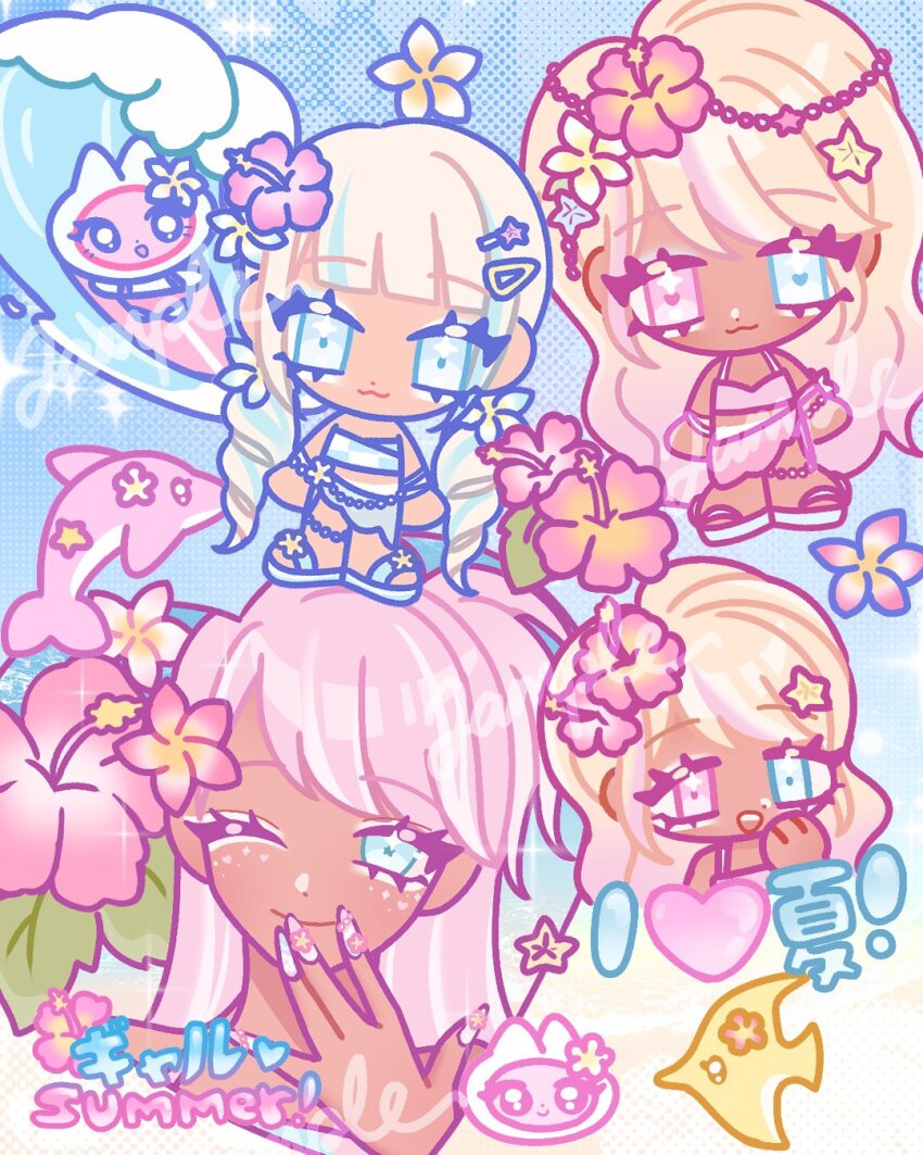 2girls, blonde_hair, blue_eyes, blue_streaks, cherriimi, chibi, chibi_inset, commentary, dark-skinned_female, dark_skin, dolphin, english_commentary, english_text, fingernails, fish, flower, gyaru, hair_flower, hair_ornament, hairclip, heterochromia, hibiscus, highres, long_fingernails, long_hair, looking_at_viewer, low_twintails, mixed-language_text, multiple_girls, nail_art, one_eye_closed, original, pastel_colors, pink_eyes, pink_hair, pink_nails, smile, summer, surfboard, surfing, swimsuit, tan, tanline, twintails