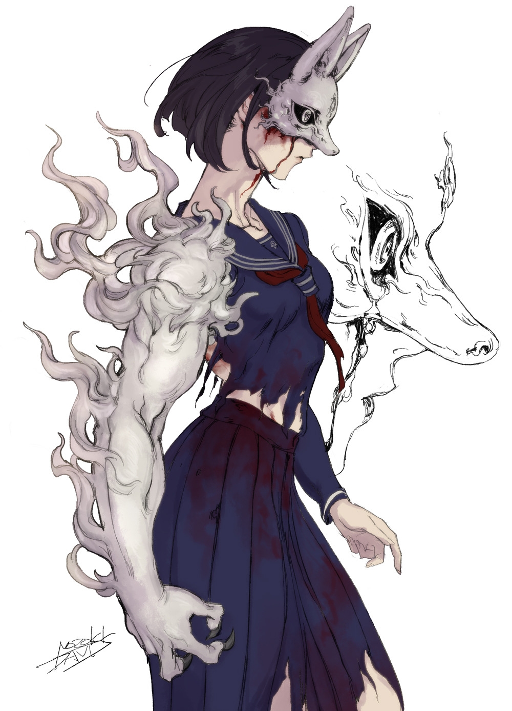 1girl, artist_name, black_hair, breasts, commentary_request, fox_hinako, fox_mask, highres, mask, medium_breasts, mismatched_arms, neckerchief, nozoki_davis, pleated_skirt, profile, red_neckerchief, school_uniform, serafuku, shimizu_hinako, short_hair, silent_hill_(series), silent_hill_f, simple_background, skirt, torn_clothes, torn_skirt, white_background