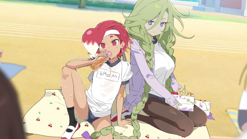 2girls, ankle_socks, asymmetrical_bangs, bare_arms, bare_legs, black_buruma, black_pantyhose, black_socks