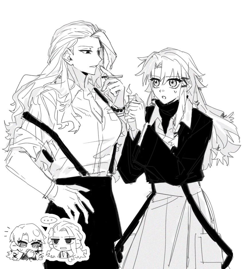 ..., 2girls, :o, absurdres, breast_pocket, breasts, chibi, chibi_inset